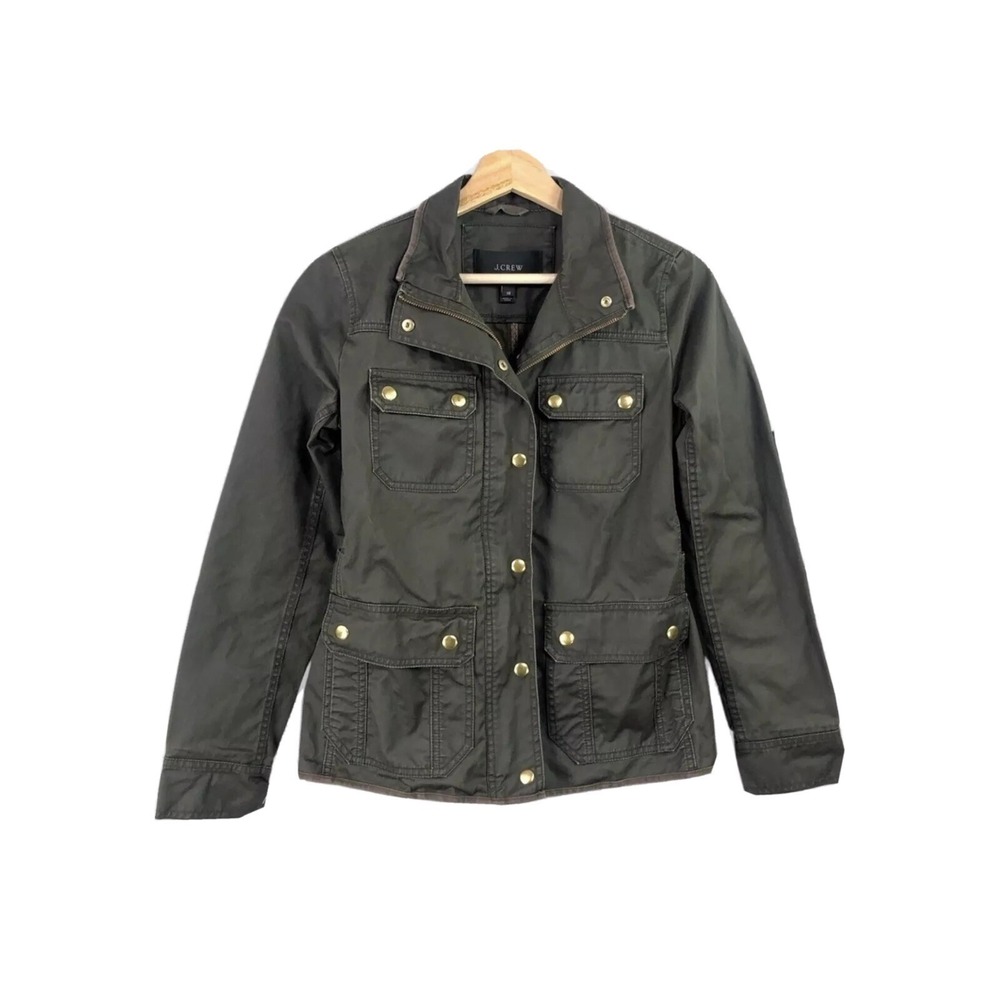 J. Crew Jacket Women's XS Green Dark Moss Downtown Field Zip Snaps Wax Shell